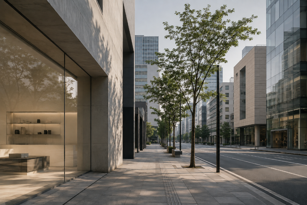 Street-level view of a contemporary urban retail district, representing a new consumer market to be understood.
