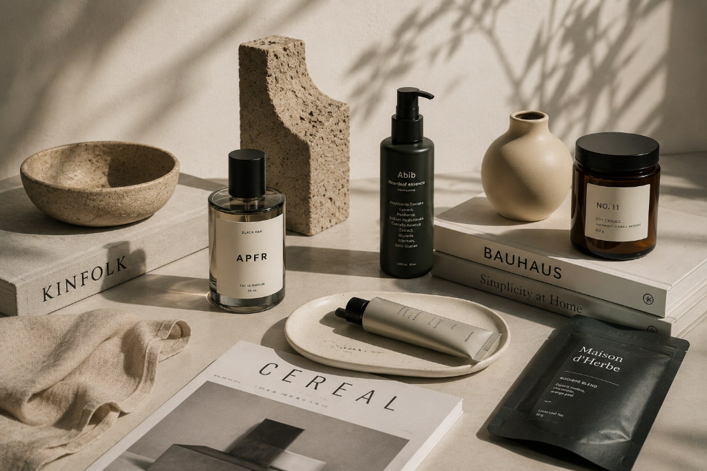 A curated still life of consumer brand objects — perfume, skincare, candles, ceramics, and design magazines — representing the broader consumer brand universe Brandory studies.