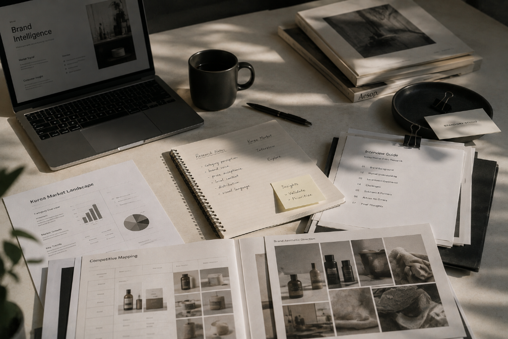 A research desk with a laptop showing brand intelligence notes, printed market research pages, and an open notebook — representing human and AI-assisted investigation.