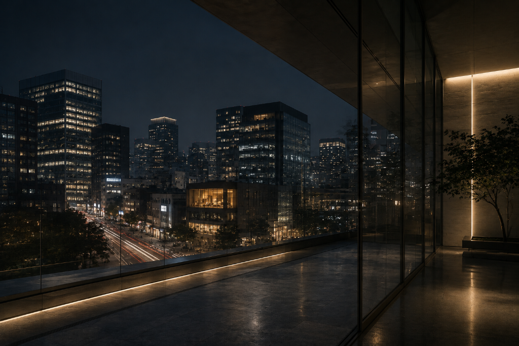 A dark, contemporary city skyline seen through a glass architectural interior at night — representing markets, cities, and possibility.